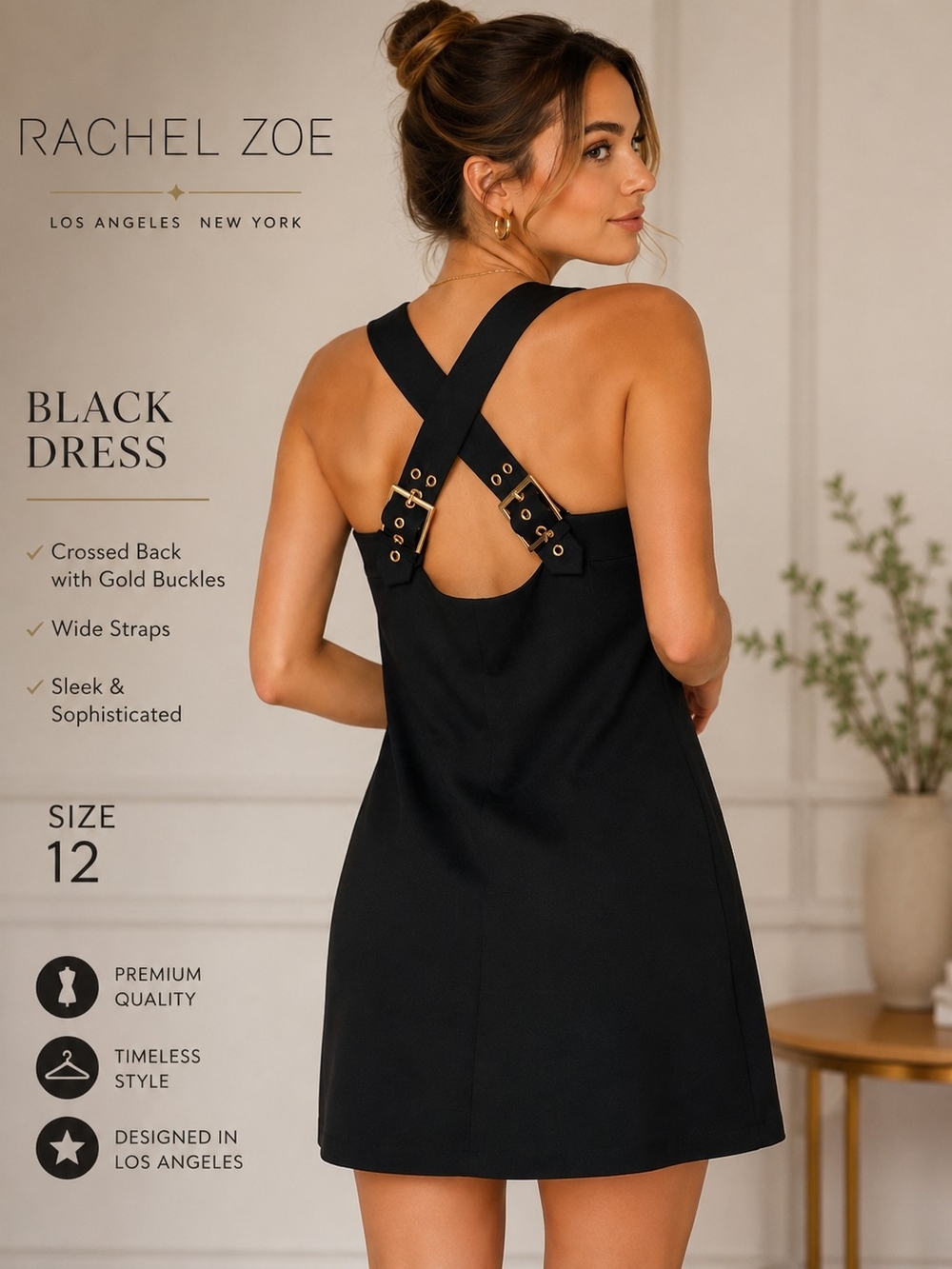 Rachel Zoe Black Mini Shift Dress with Square Neck & Slim Straps